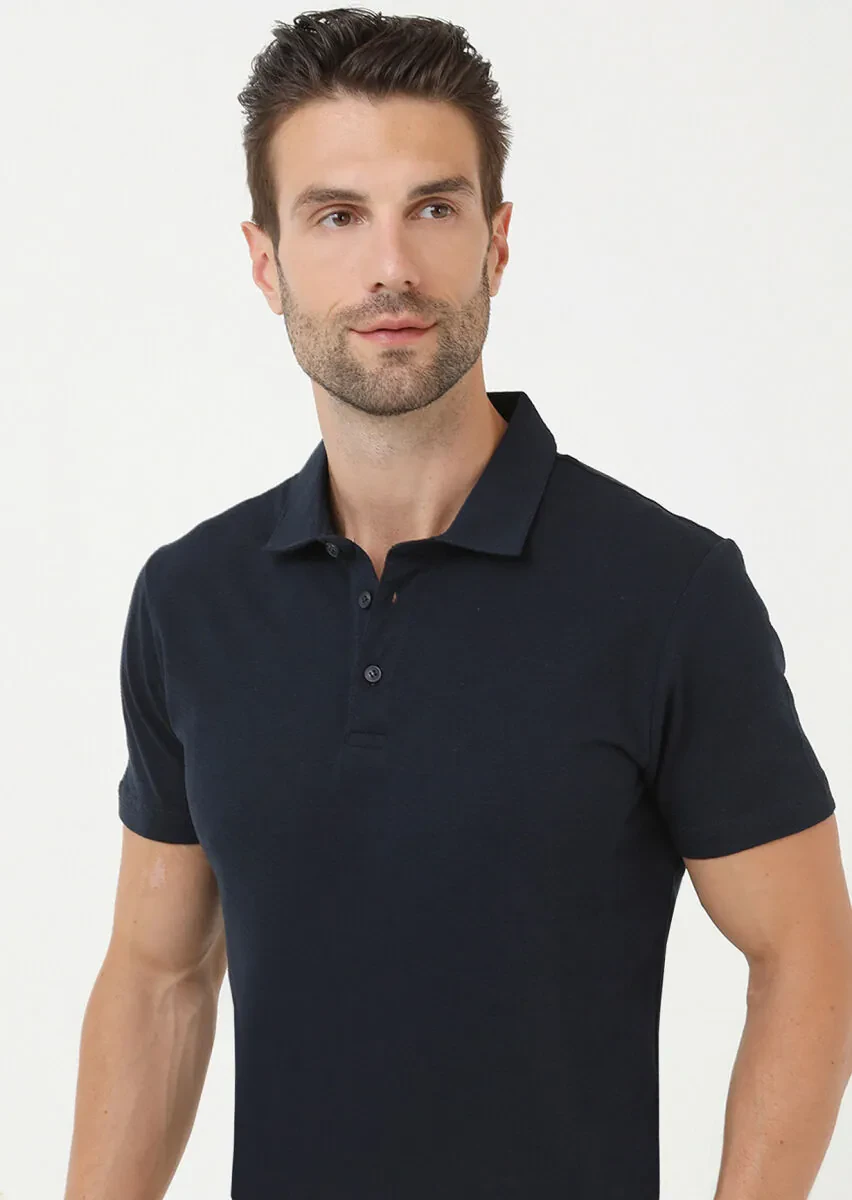 Navy Blue Jacquard Polo Neck 100% Cotton T-Shirt - 2