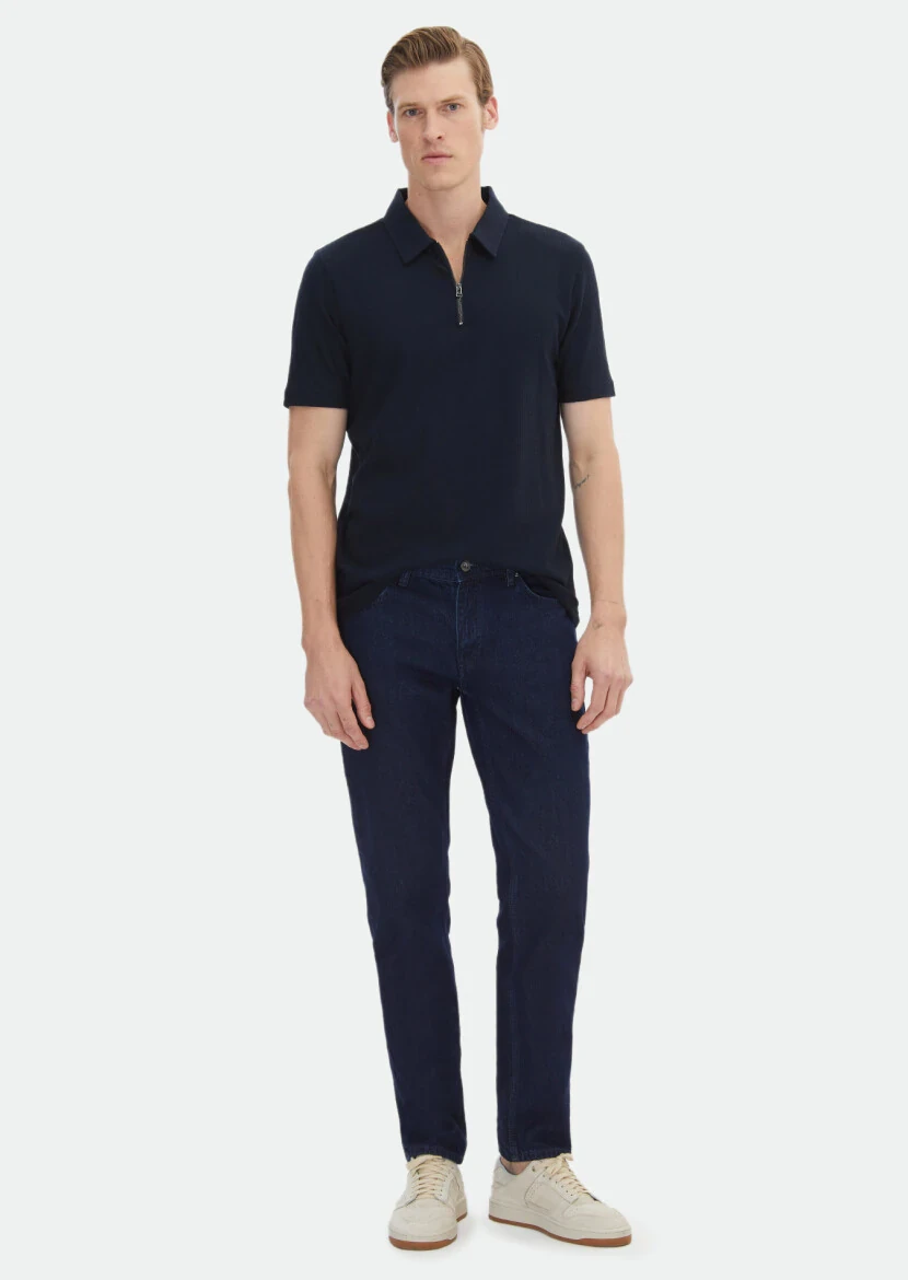 Navy Blue Jacquard Polo Neck 100% Cotton T-Shirt 