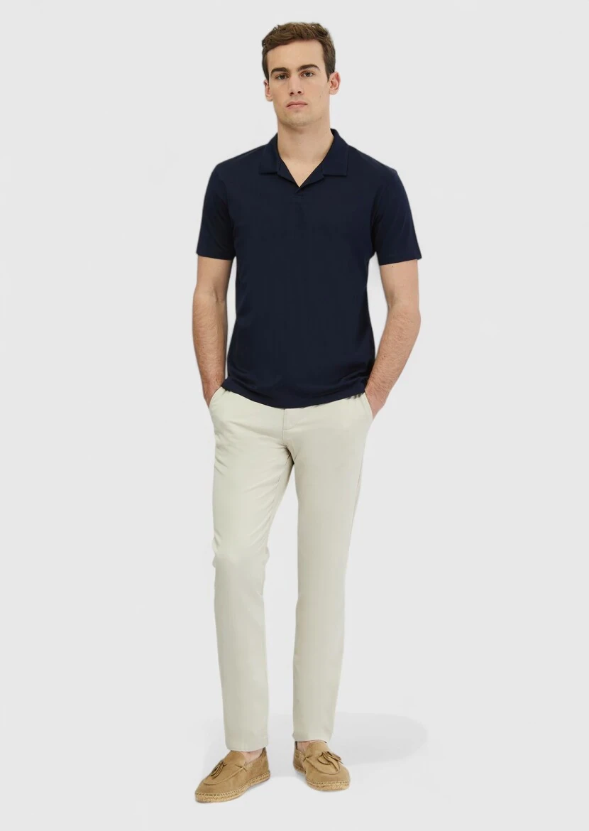 Navy Blue Jacquard Polo Neck 100% Cotton T-Shirt - 1