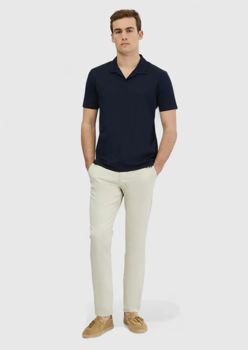 Navy Blue Jacquard Polo Neck 100% Cotton T-Shirt - 1