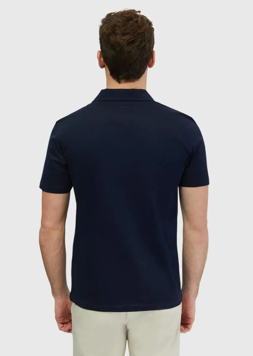 Navy Blue Jacquard Polo Neck 100% Cotton T-Shirt - 2