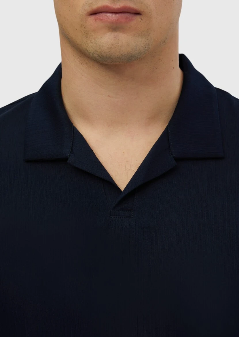 Navy Blue Jacquard Polo Neck 100% Cotton T-Shirt - 4