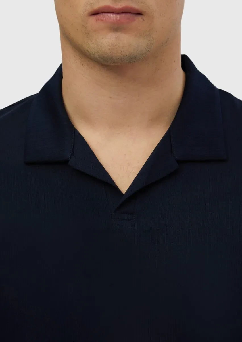 Navy Blue Jacquard Polo Neck 100% Cotton T-Shirt - 4