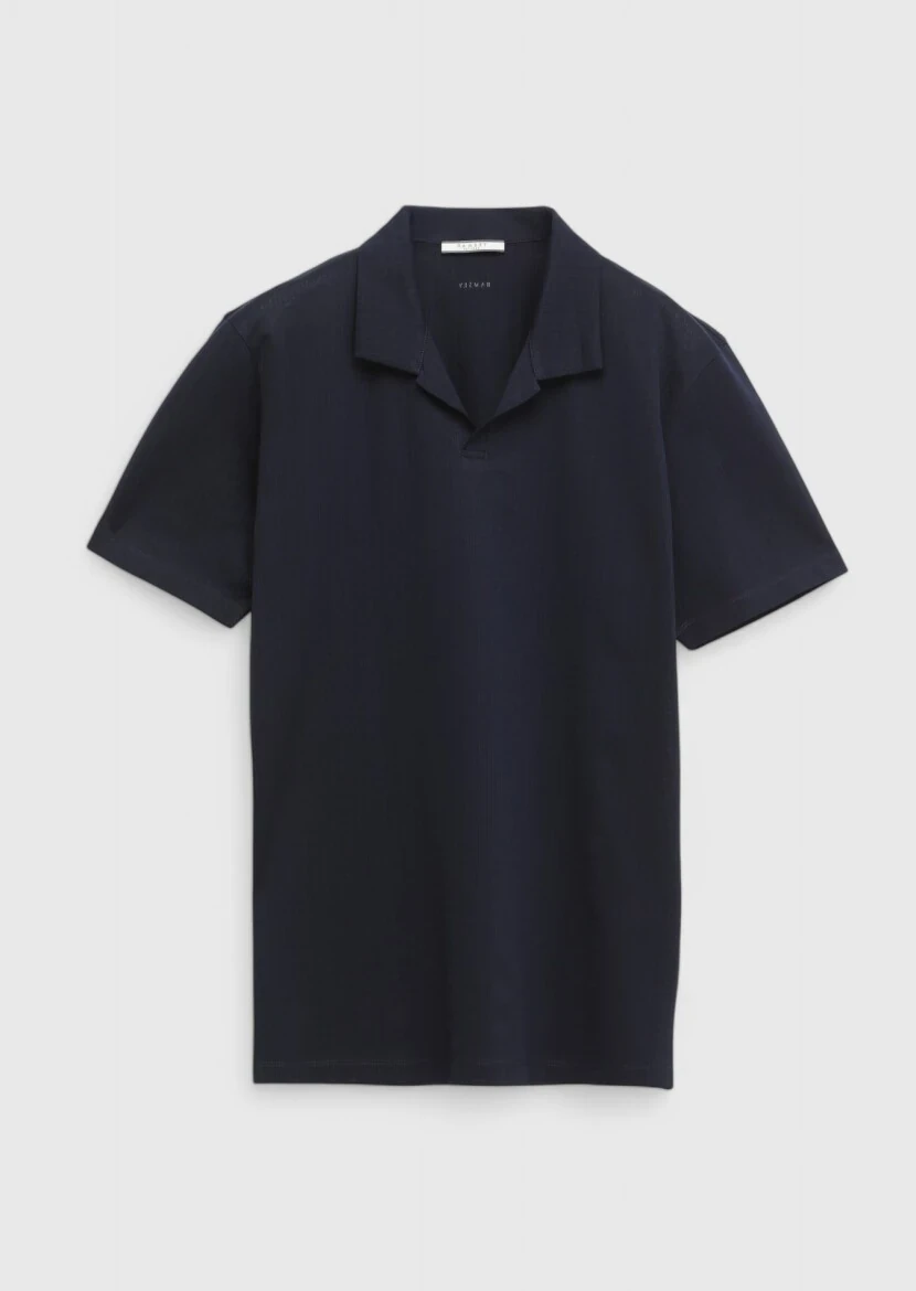 Navy Blue Jacquard Polo Neck 100% Cotton T-Shirt - 5