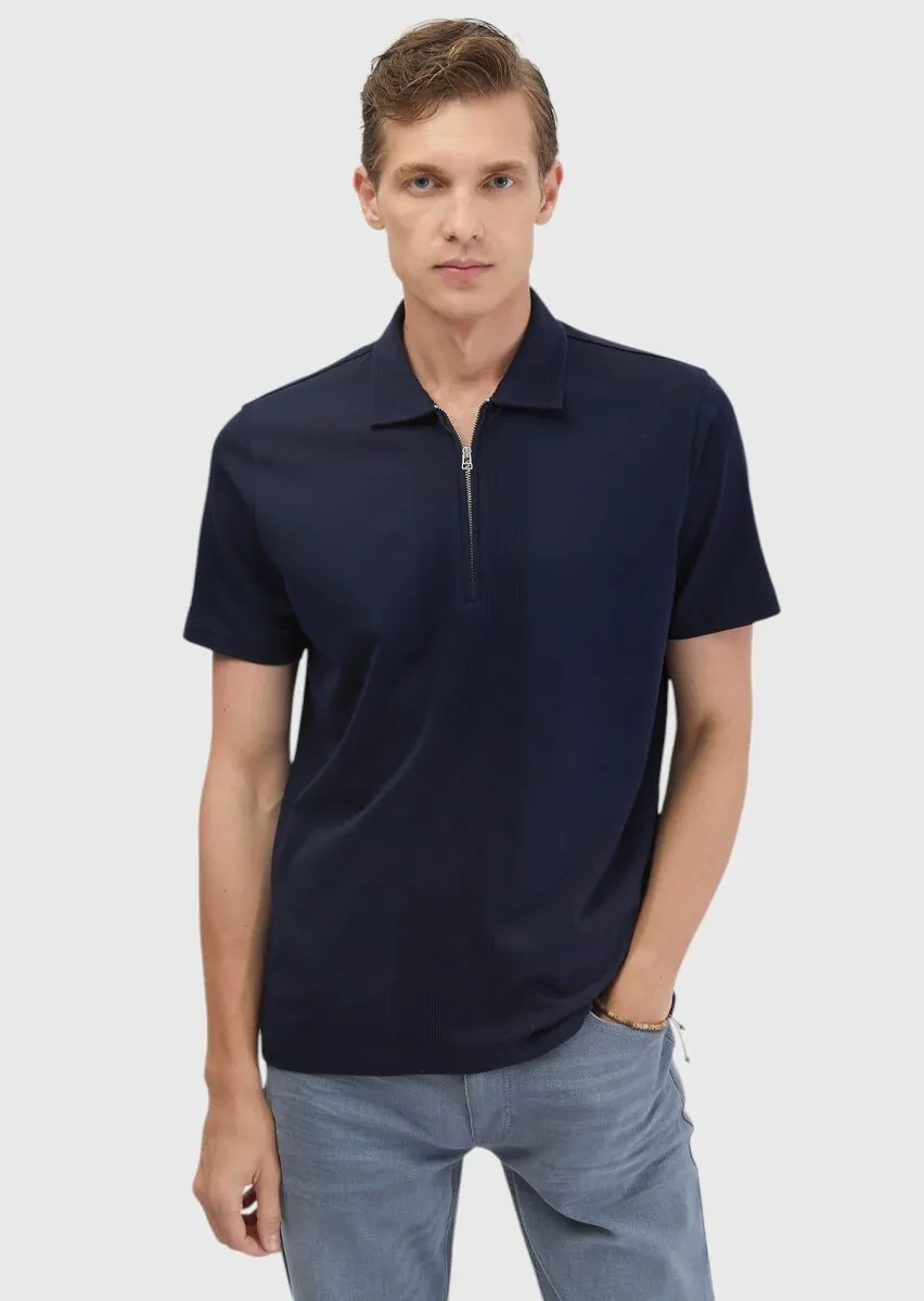 Navy Blue Jacquard Polo Neck 100% Cotton T-Shirt - 1