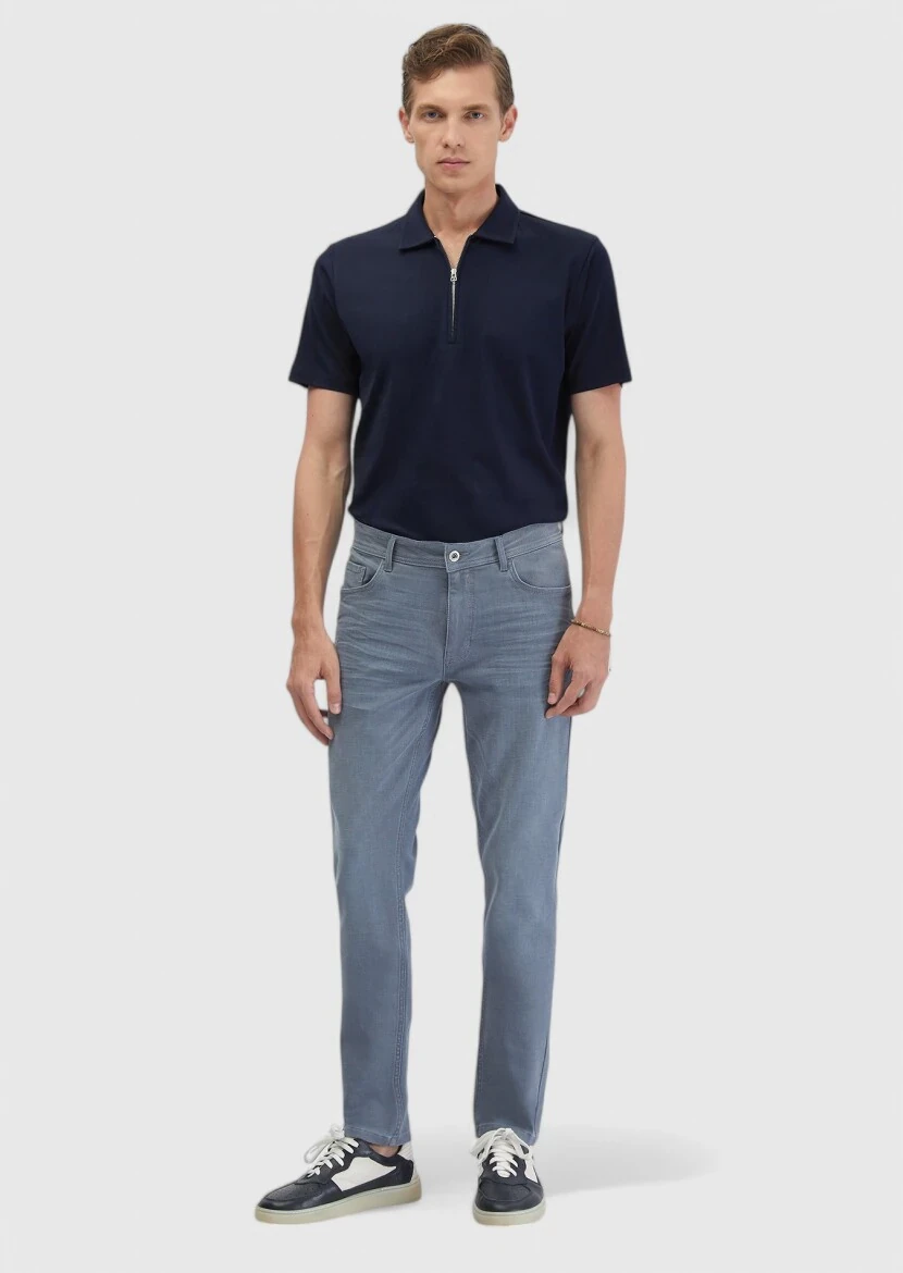 Navy Blue Jacquard Polo Neck 100% Cotton T-Shirt - RAMSEY