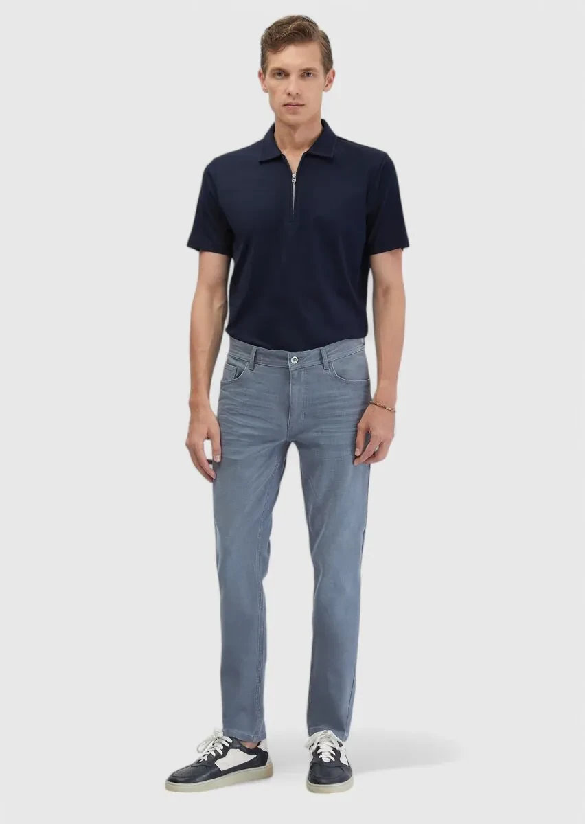 Navy Blue Jacquard Polo Neck 100% Cotton T-Shirt - 2