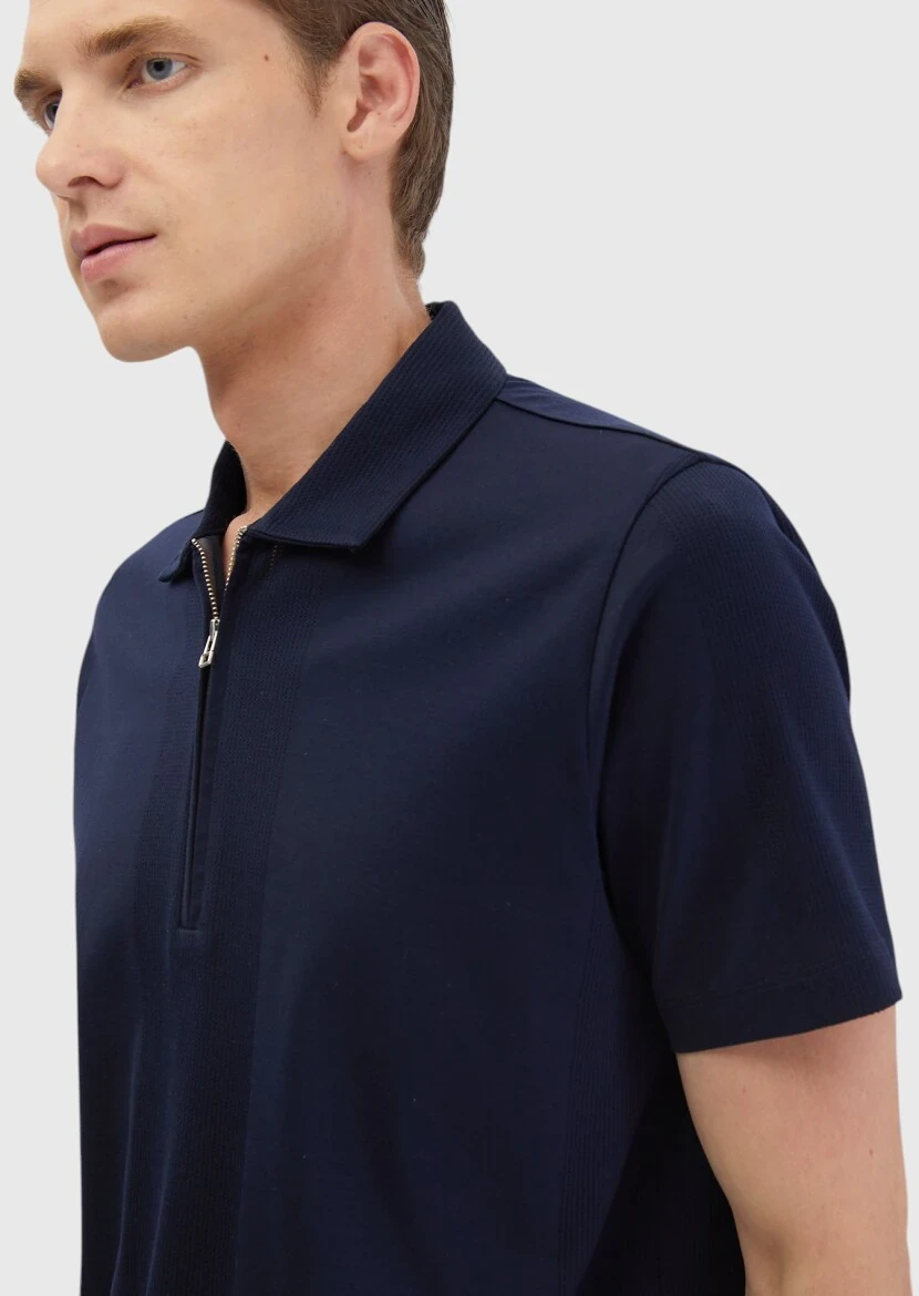 Navy Blue Jacquard Polo Neck 100% Cotton T-Shirt - 4