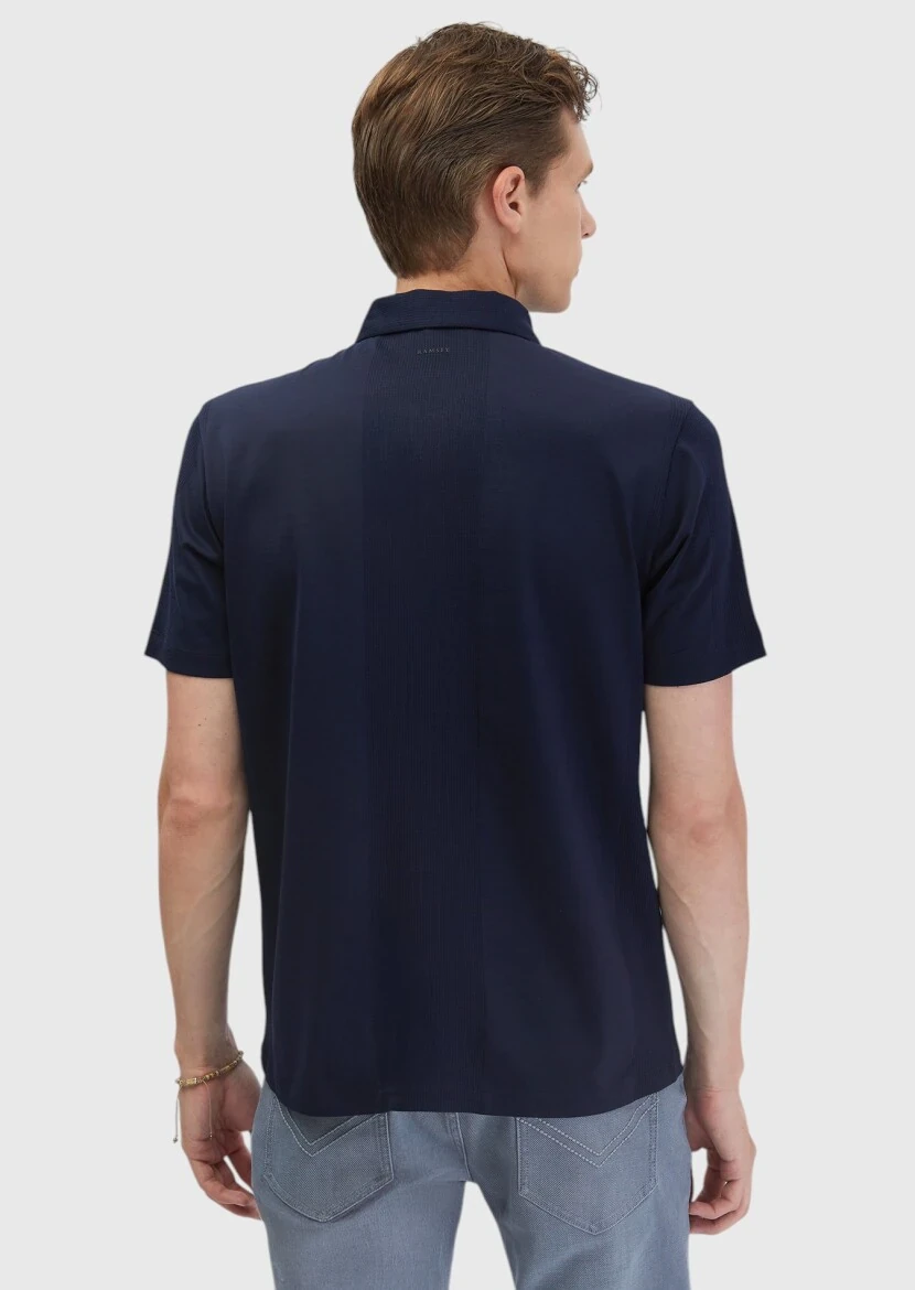 Navy Blue Jacquard Polo Neck 100% Cotton T-Shirt - 7