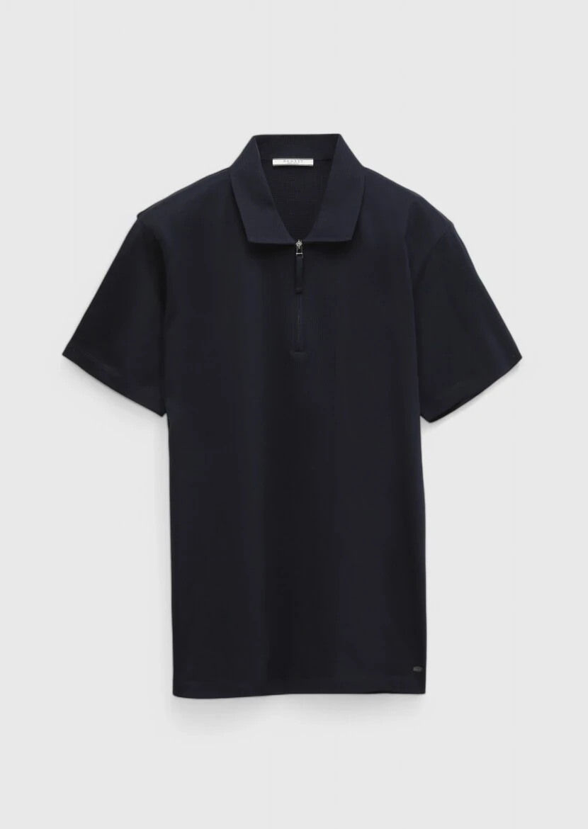 Navy Blue Jacquard Polo Neck 100% Cotton T-Shirt - 8