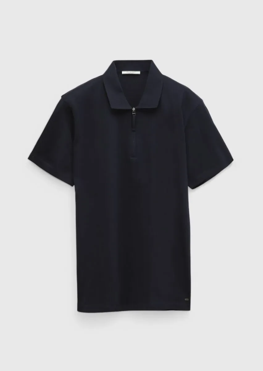 Navy Blue Jacquard Polo Neck 100% Cotton T-Shirt - 8