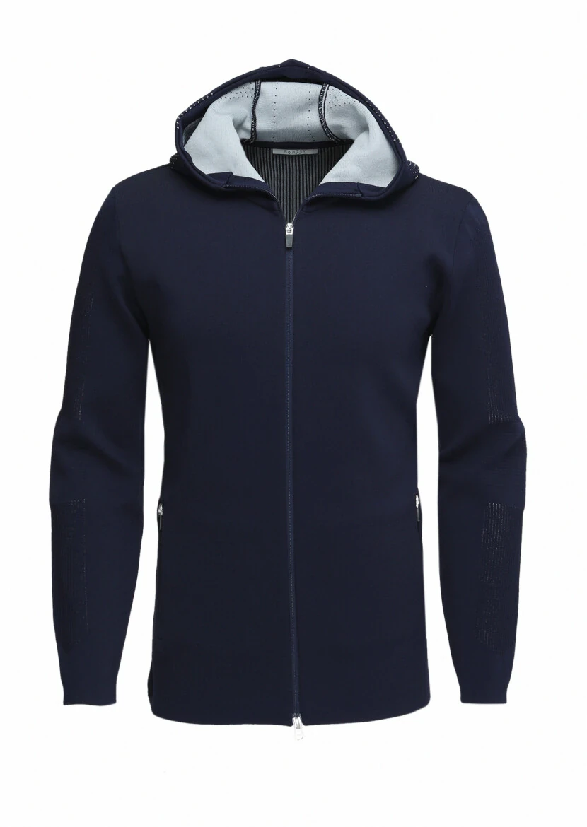 Navy Blue Jacquard Wool Blended Cardigan - 1