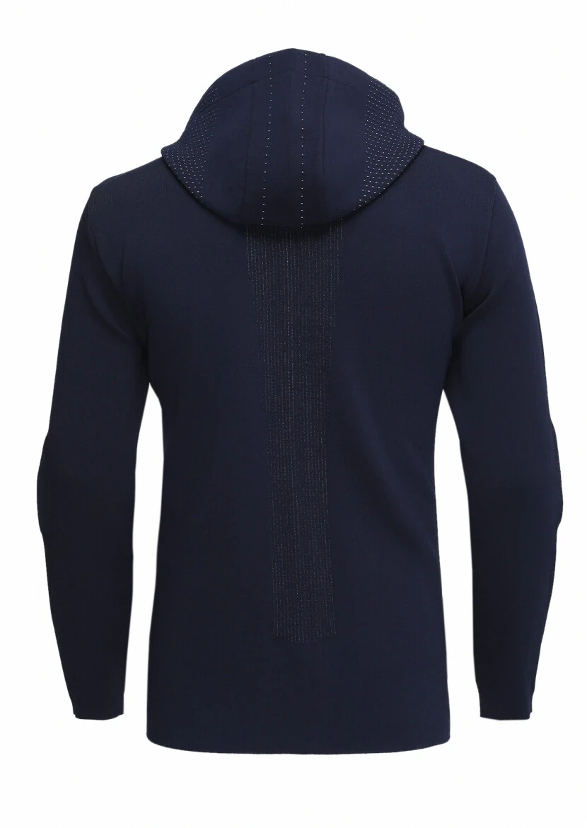 Navy Blue Jacquard Wool Blended Cardigan - 5