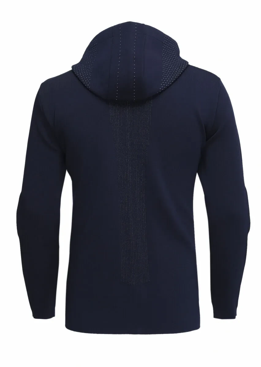 Navy Blue Jacquard Wool Blended Cardigan - 5