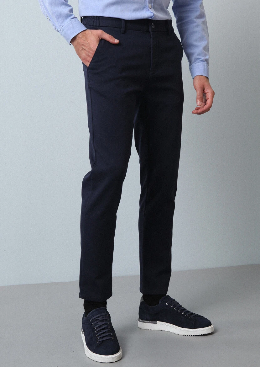 Navy Blue Knitting Jogging Fit Casual Cotton Blended Trousers - 2