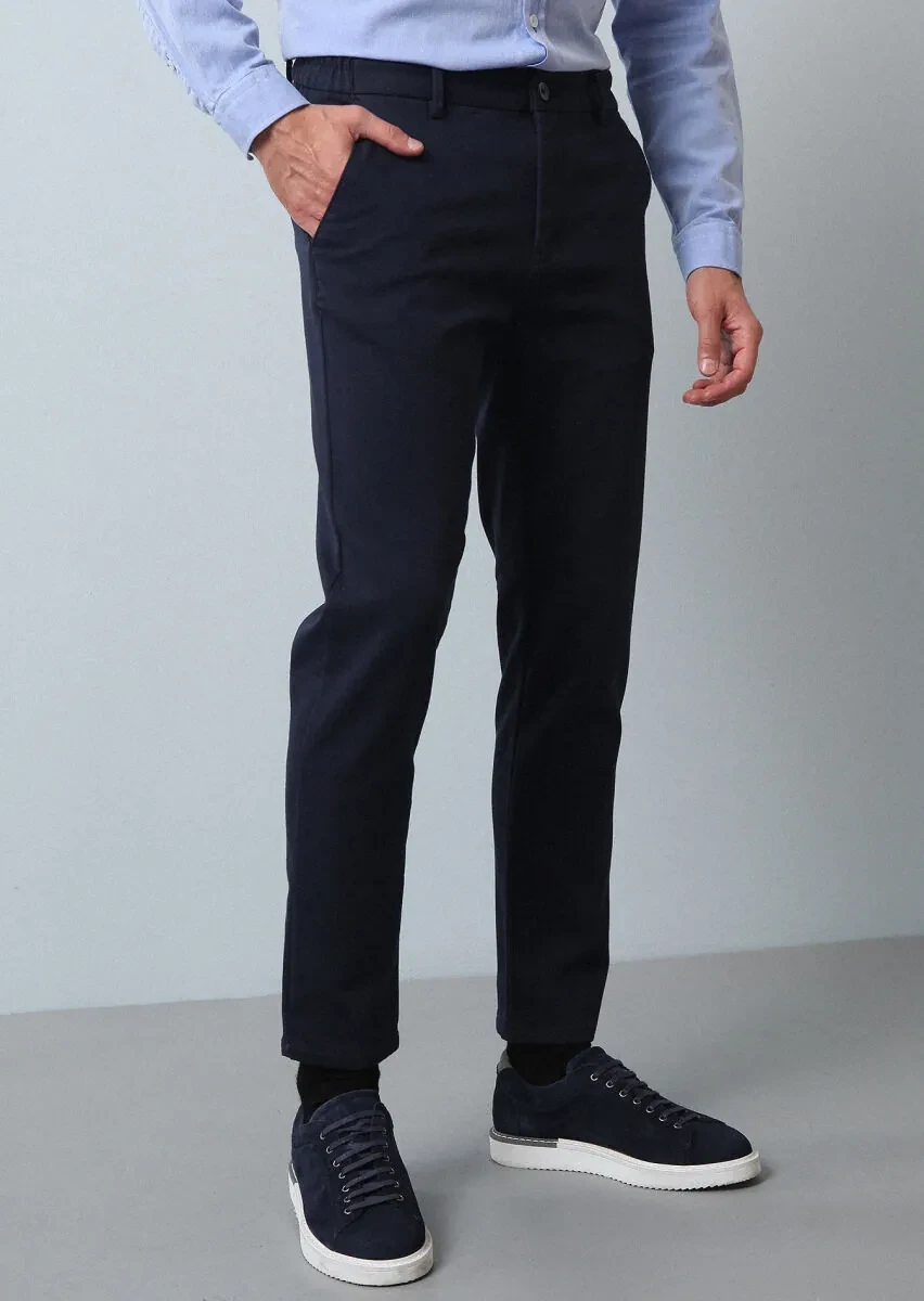 Navy Blue Knitting Jogging Fit Casual Cotton Blended Trousers - 2