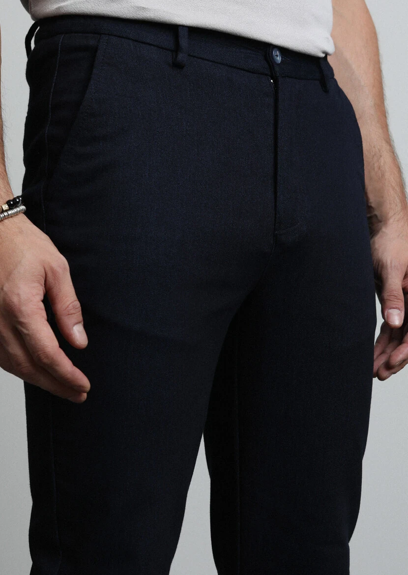 Navy Blue Knitting Jogging Fit Casual Cotton Blended Trousers - 3