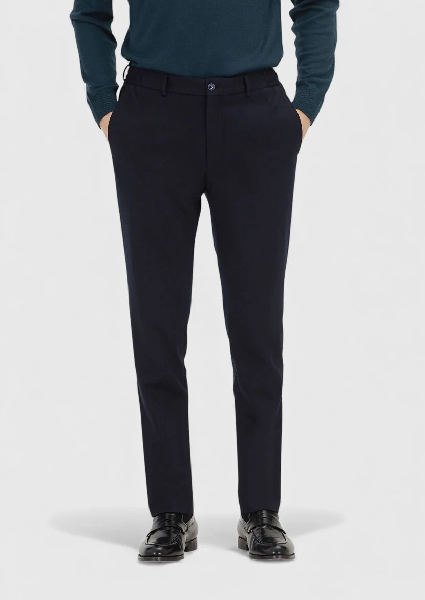 Navy Blue Knitting Modern Fit Classical Wool Blended Trousers - 2