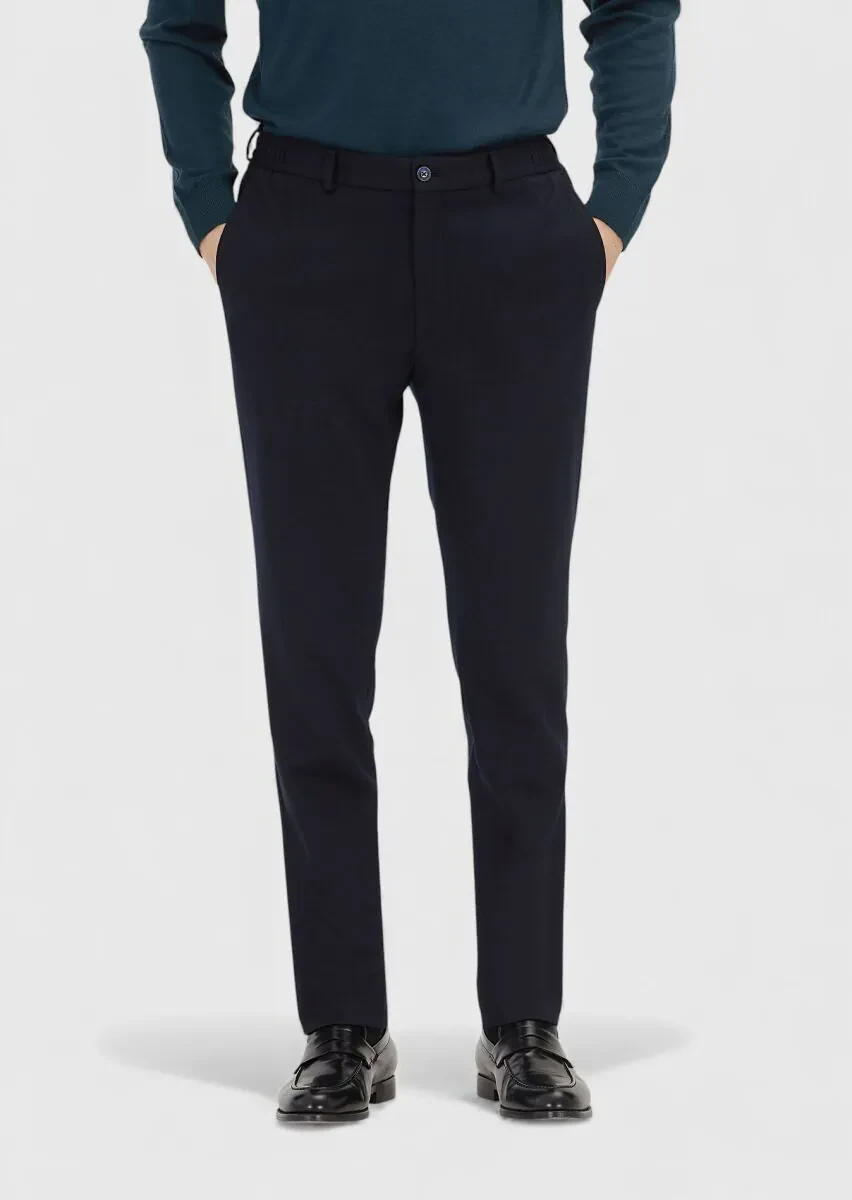 Navy Blue Knitting Modern Fit Classical Wool Blended Trousers - 2