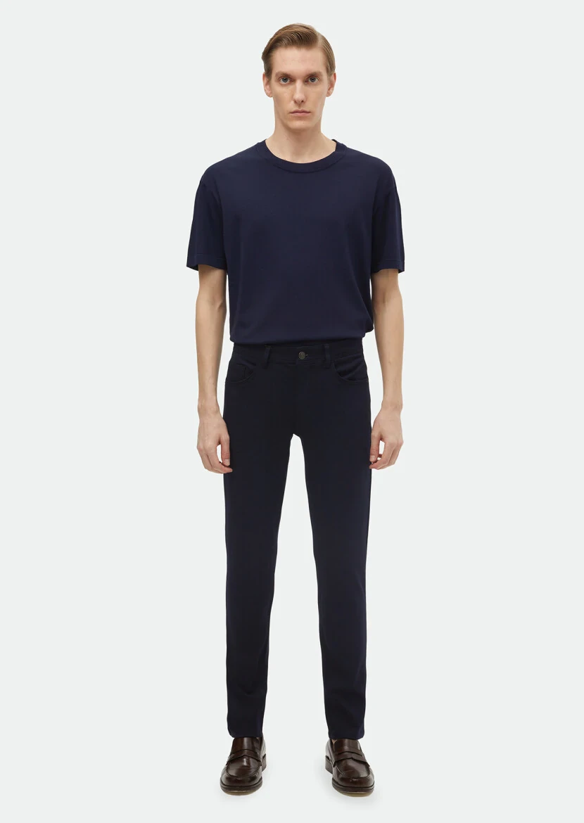 Navy Blue Knitting Slim Fit Casual Trousers - RAMSEY