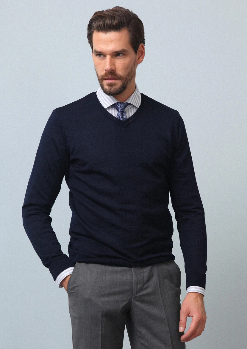 Navy Blue Knitwear Sweatshirt - 1