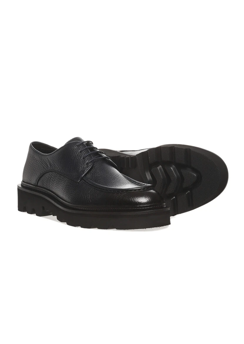 Navy Blue Leather Casual Shoes - 3