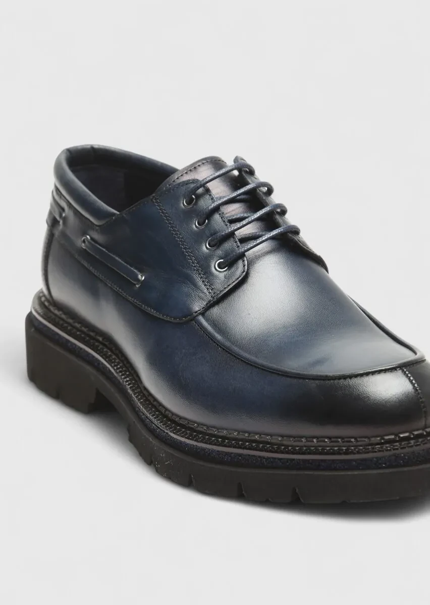 Navy Blue Leather Casual Shoes - 2