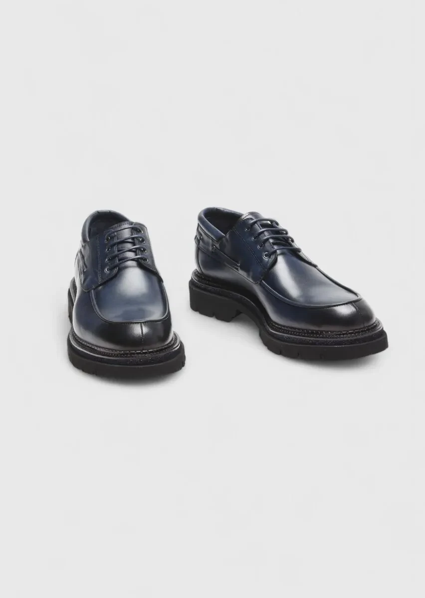 Navy Blue Leather Casual Shoes - 3