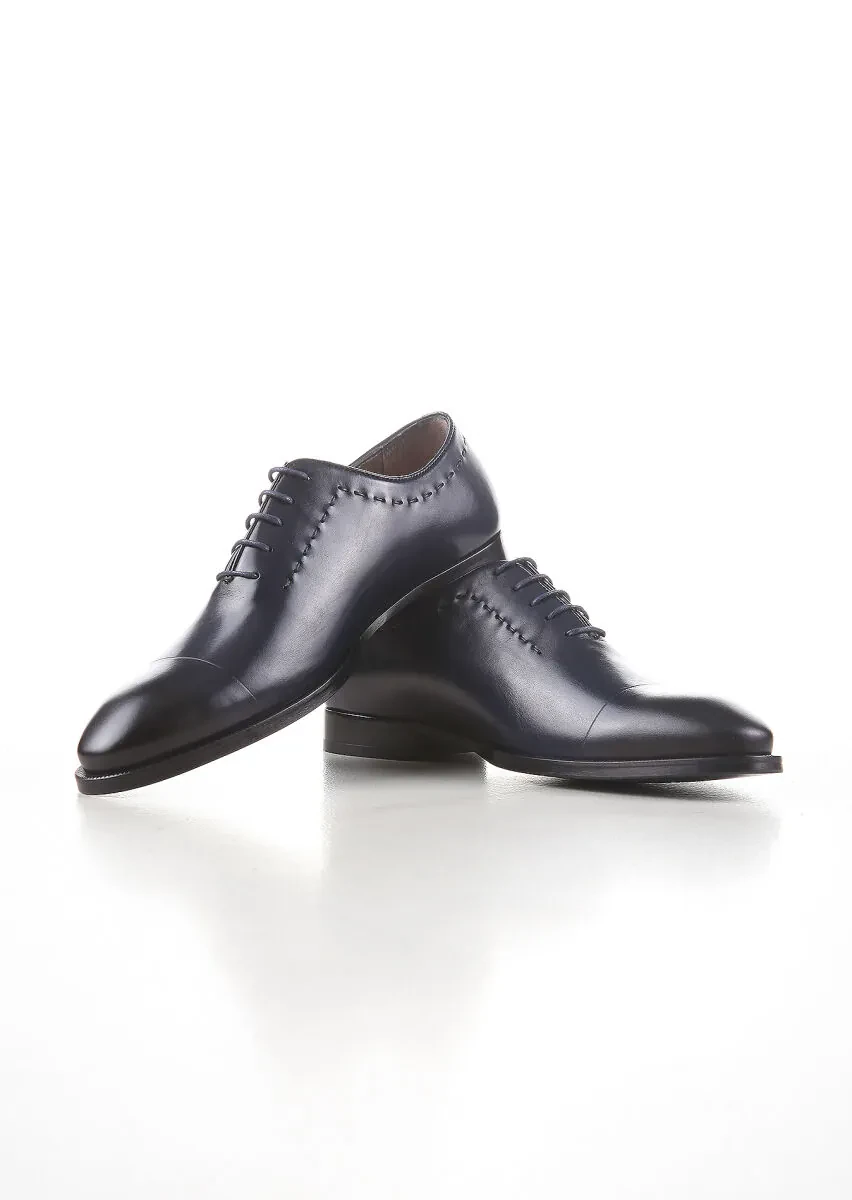 Navy Blue Leather Classical Shoes - 2
