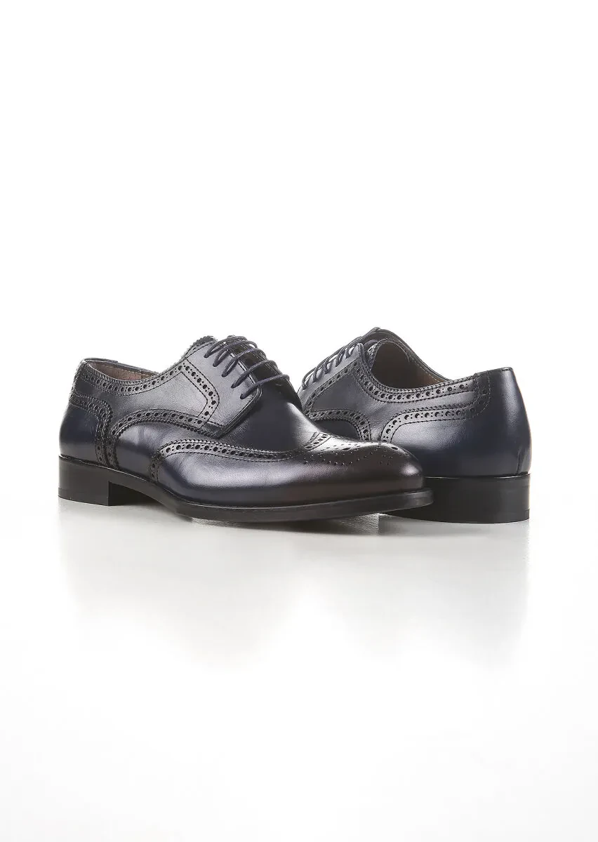 Navy Blue Leather Classical Shoes - 3