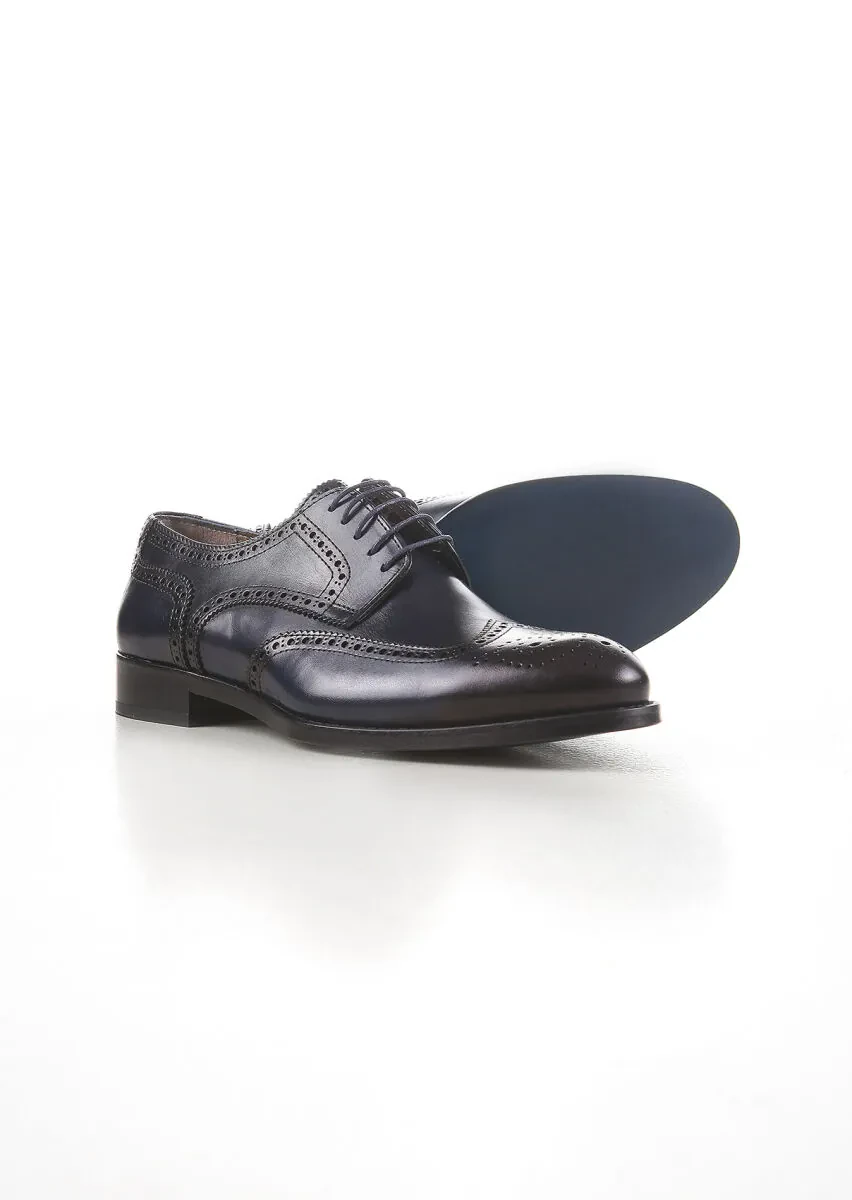 Navy Blue Leather Classical Shoes - 4