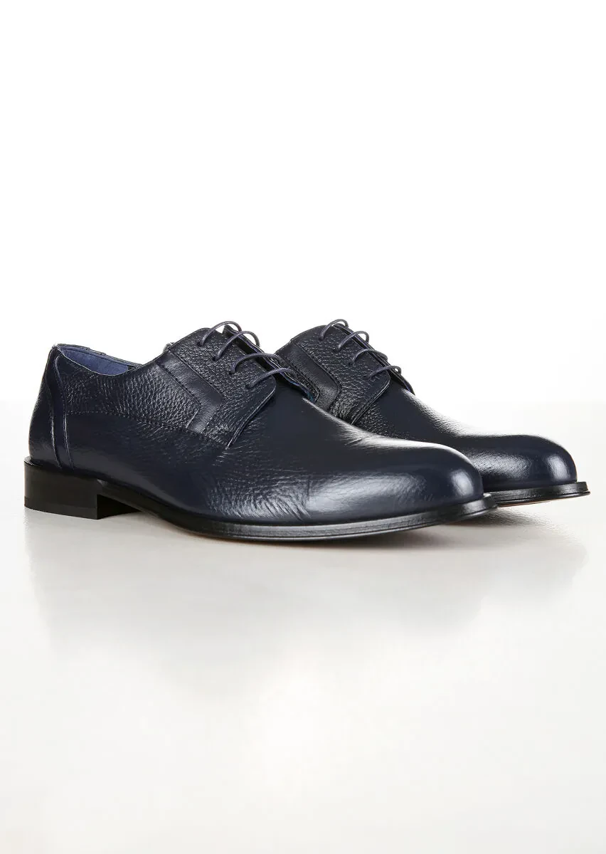 Navy Blue Leather Classical Shoes - 3