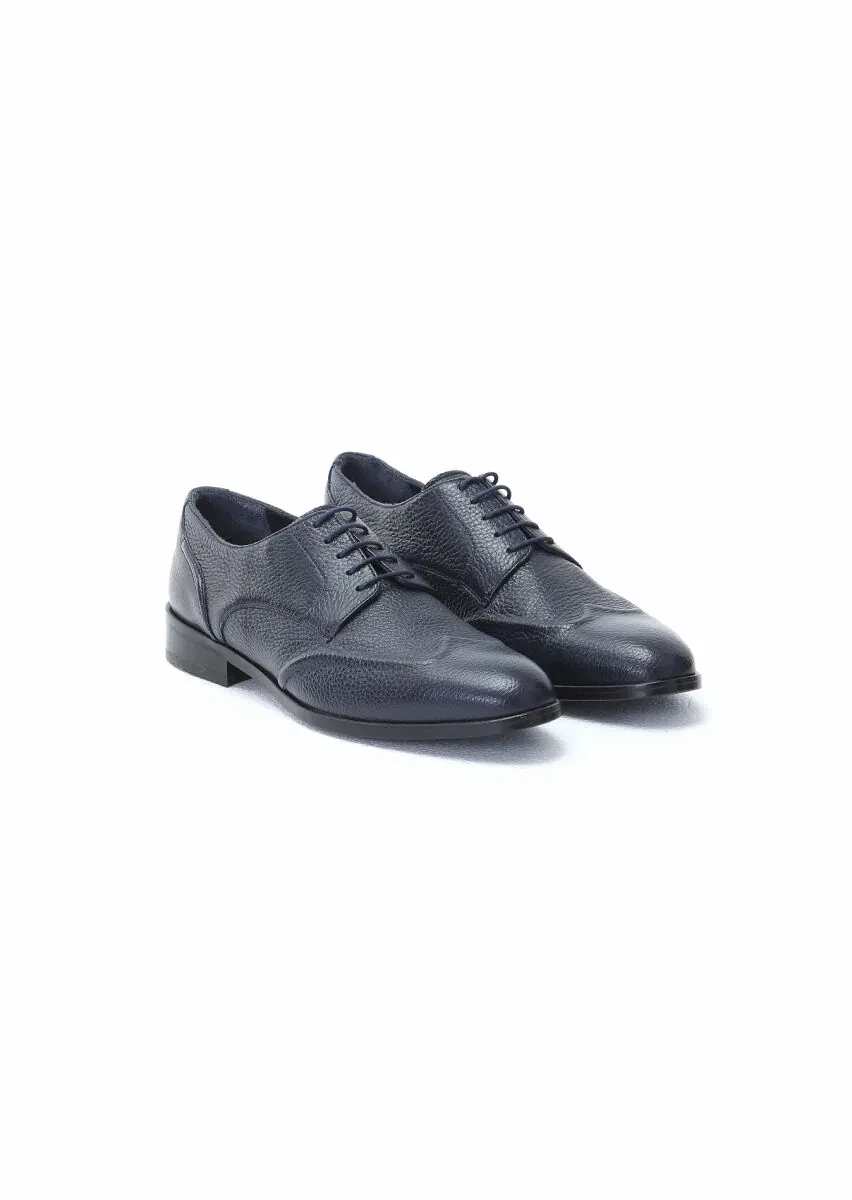 Navy Blue Leather Classical Shoes - 2