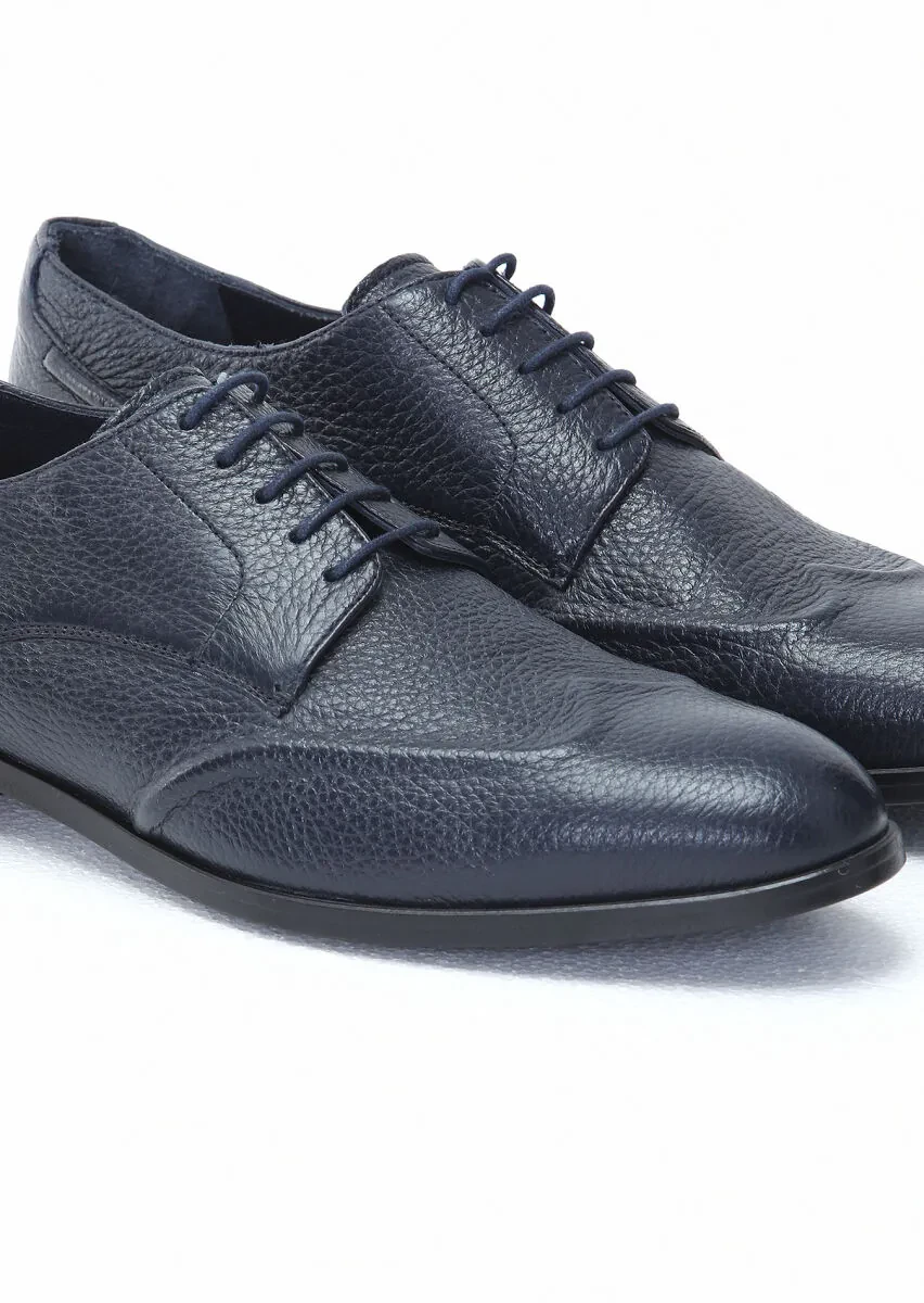 Navy Blue Leather Classical Shoes - 3