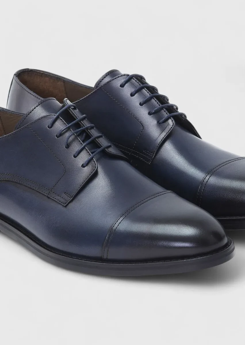 Navy Blue Leather Classical Shoes - 3