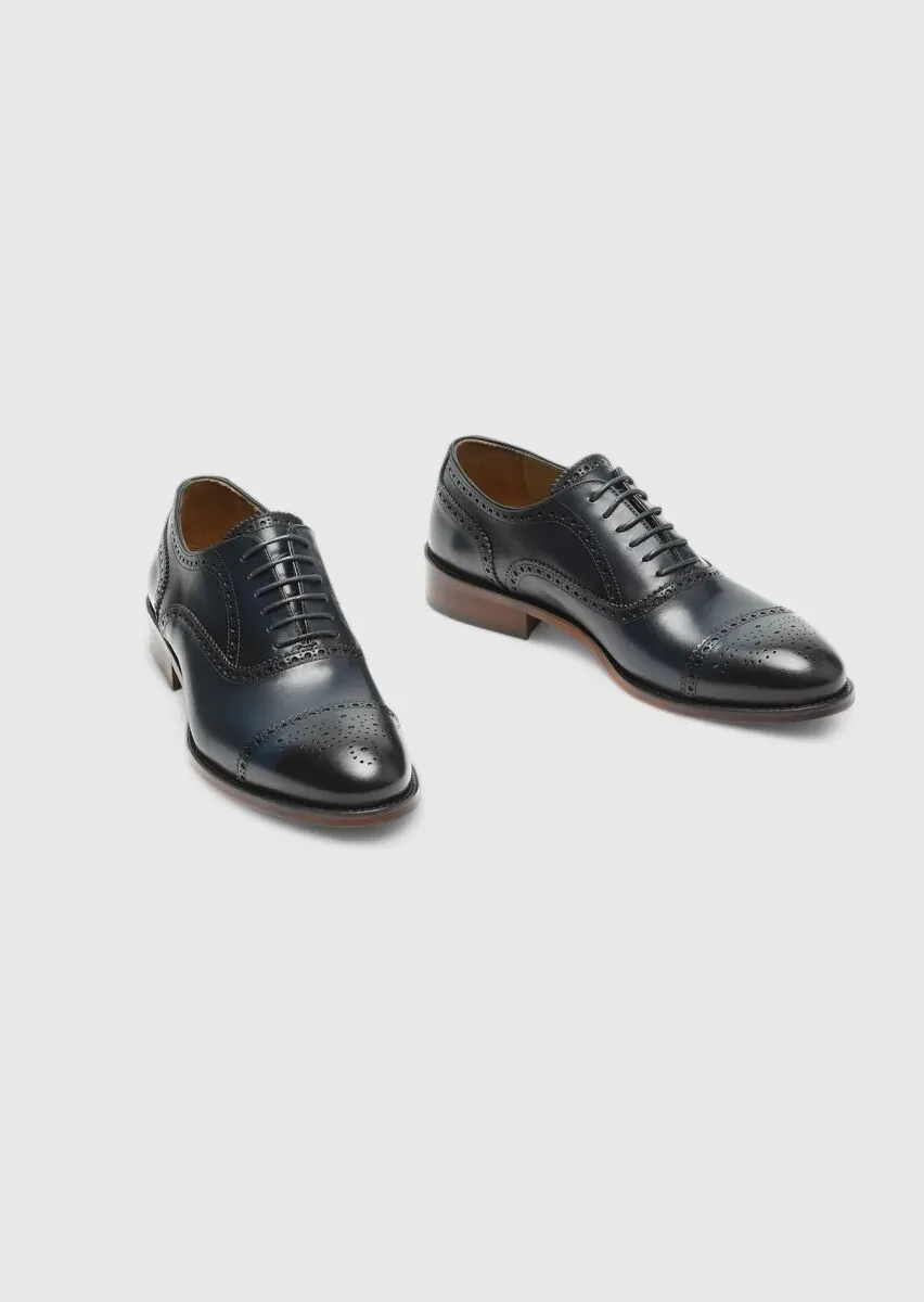 Navy Blue Leather Classical Shoes - 3