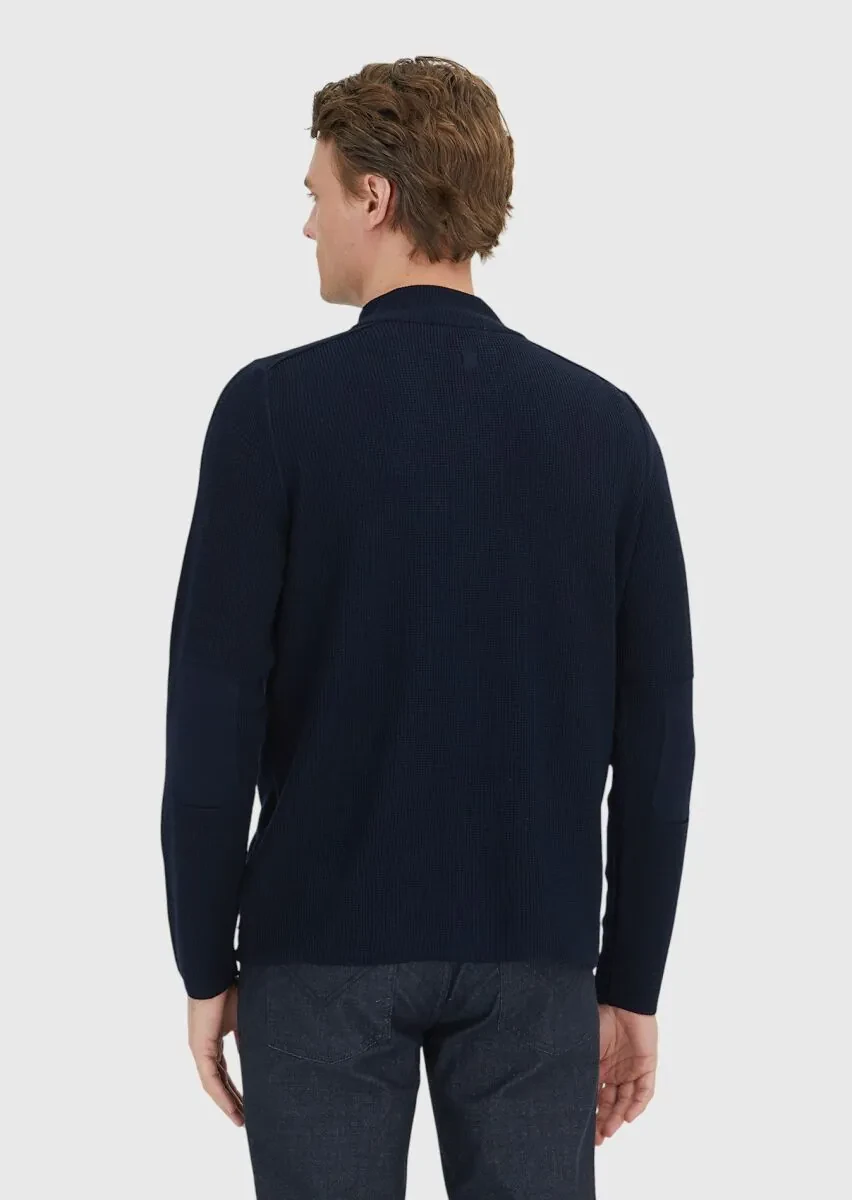 Navy Blue Mandarin Collar Brass Knit Wool Blended Cardigan - 4