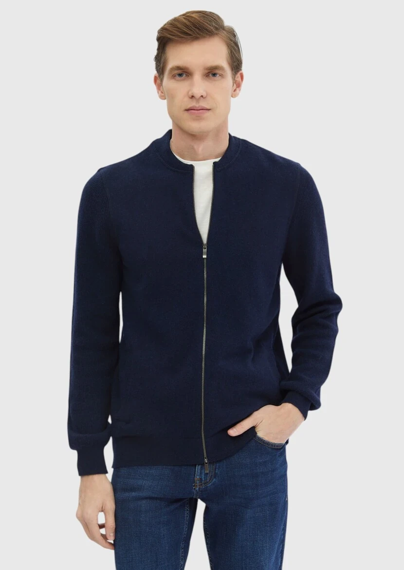 Navy Blue Mandarin Collar Plain Knitting 100% Wool Cardigan - RAMSEY