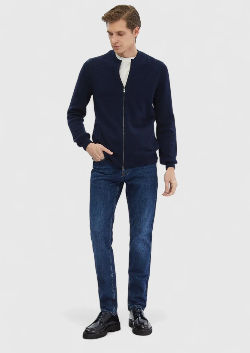 Navy Blue Mandarin Collar Plain Knitting 100% Wool Cardigan - RAMSEY