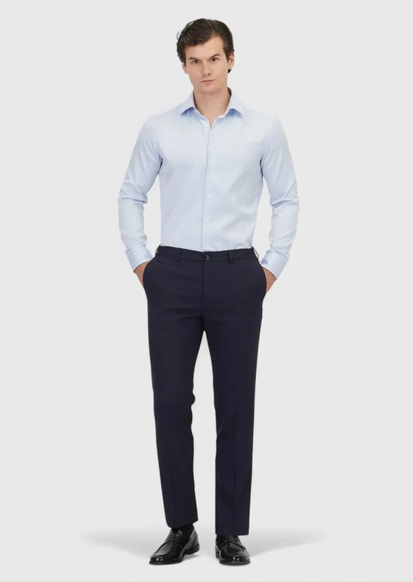 Navy Blue Material Comfort Fit Classical 100% Wool Trousers - 1