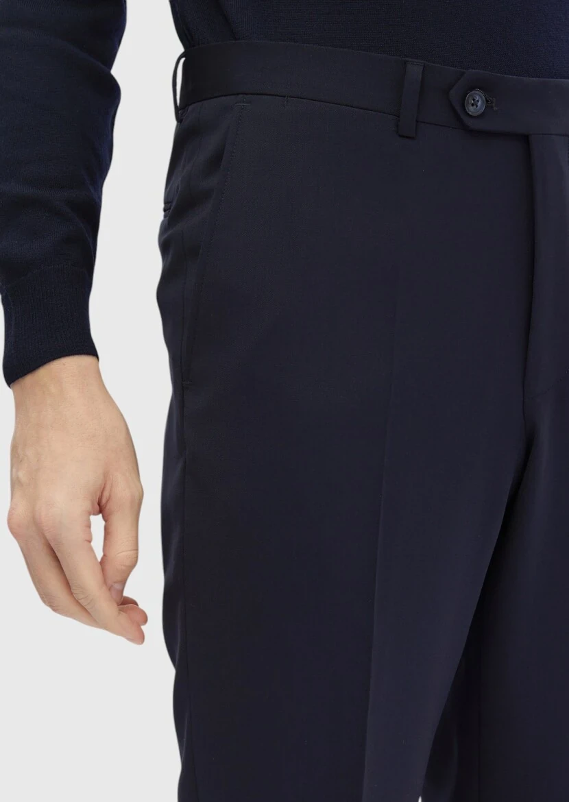 Navy Blue Material Modern Fit Classical 100% Wool Trousers - RAMSEY