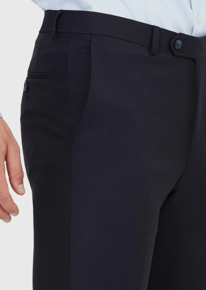 Navy Blue Material Modern Fit Classical Wool Blended Trousers - 3