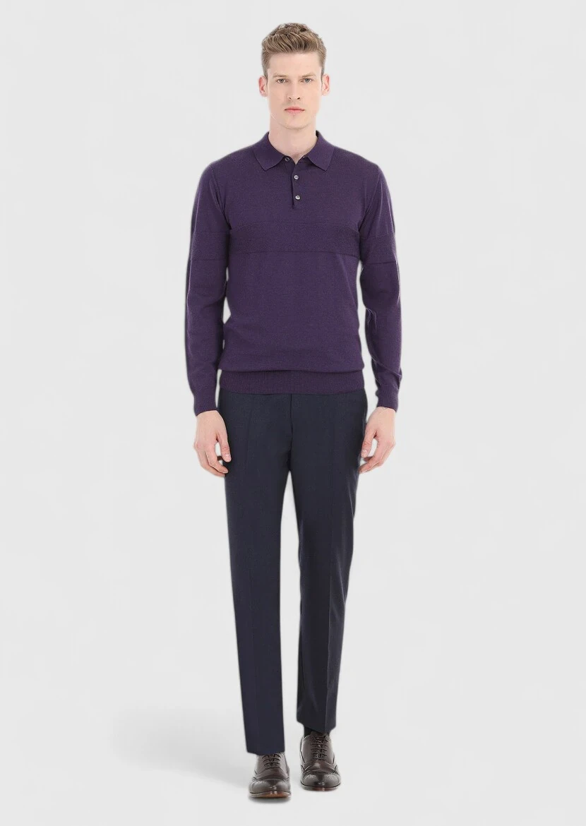 Navy Blue Material Regular Fit Classical 100% Wool Trousers - 1