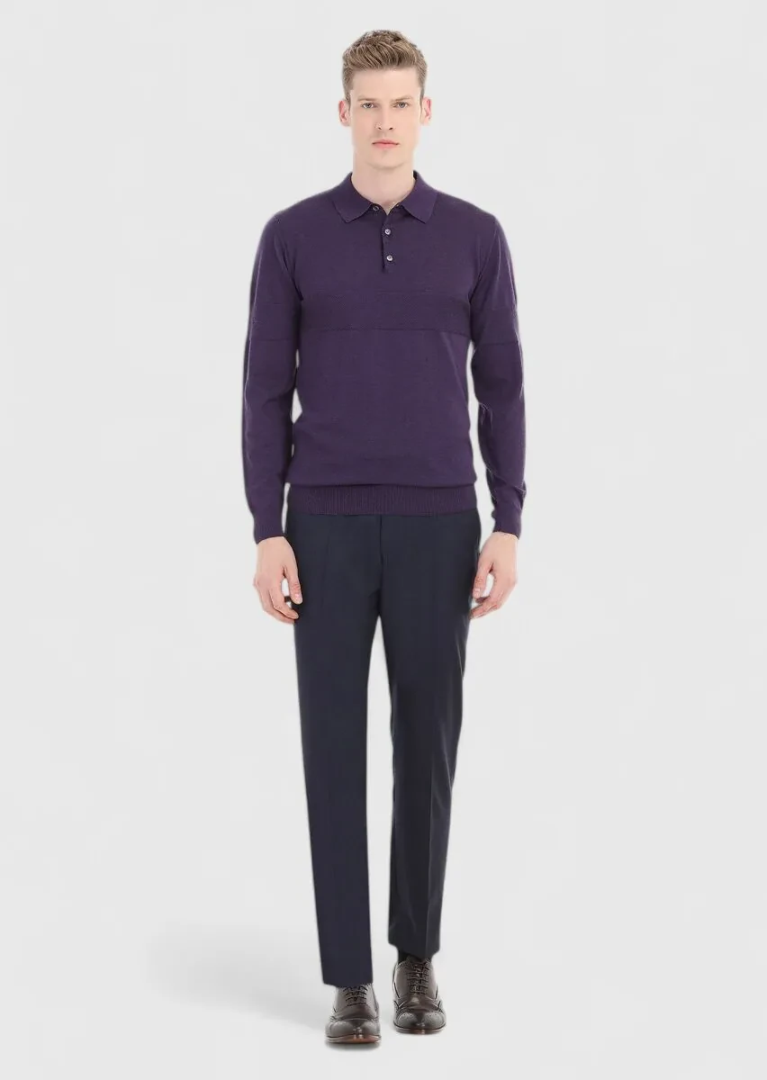 Navy Blue Material Regular Fit Classical 100% Wool Trousers - 1