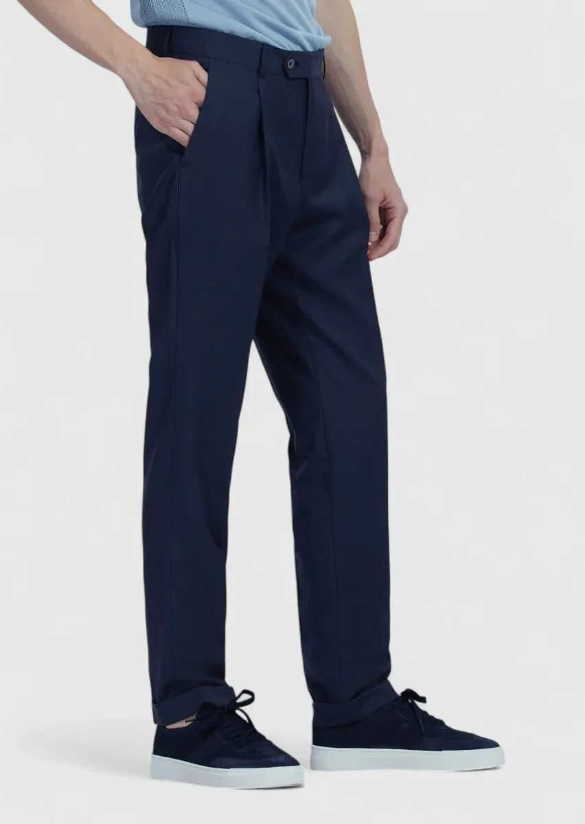 Navy Blue Material Slim Fit Casual 100% Wool Trousers - 3
