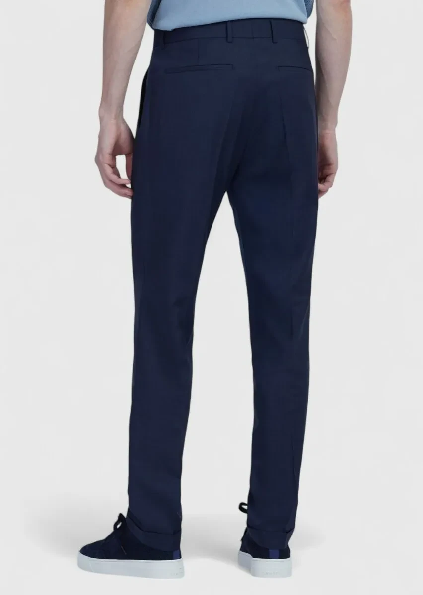 Navy Blue Material Slim Fit Casual 100% Wool Trousers - 6