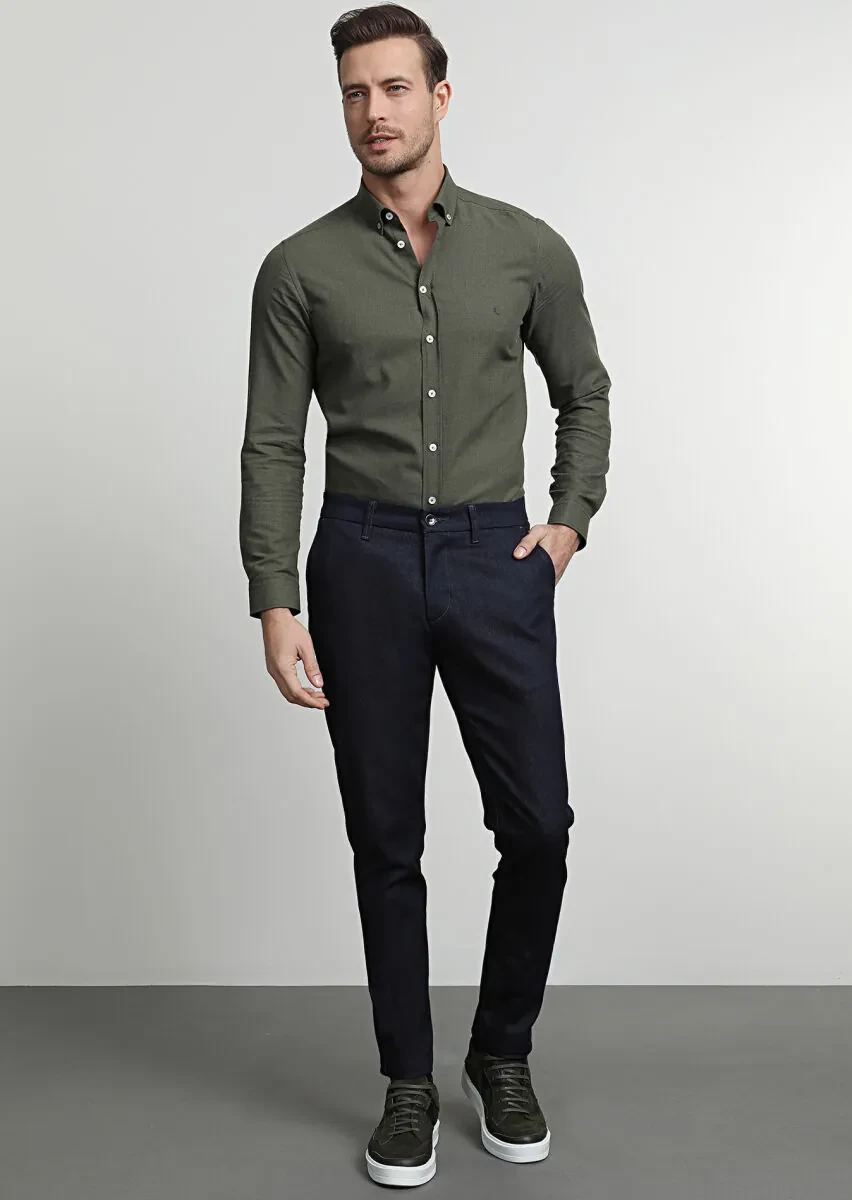 Navy Blue Material Slim Fit Casual Cotton Blended Trousers - 1