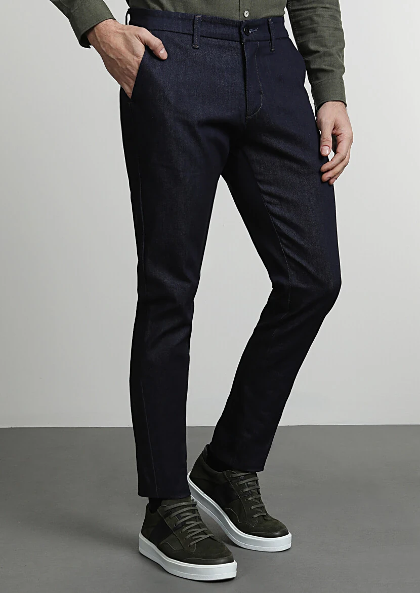 Navy Blue Material Slim Fit Casual Cotton Blended Trousers - 3