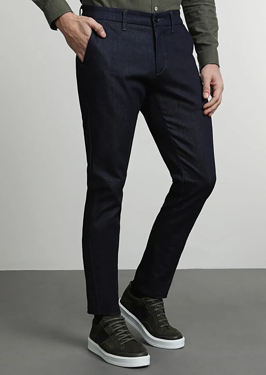 Navy Blue Material Slim Fit Casual Cotton Blended Trousers - 3