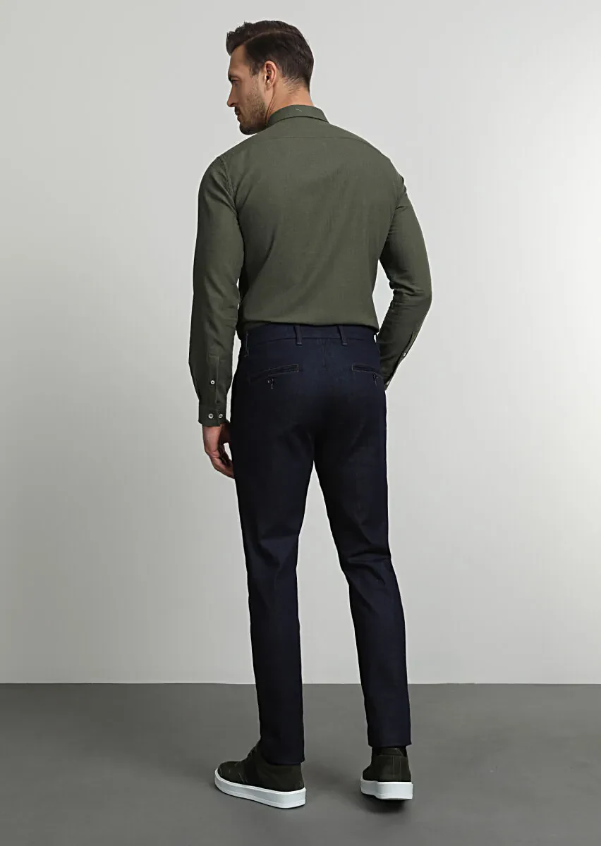 Navy Blue Material Slim Fit Casual Cotton Blended Trousers - 4